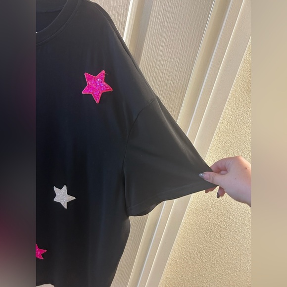 Black Oversized T-shirt with Sequin Stars - Picture 5 of 6